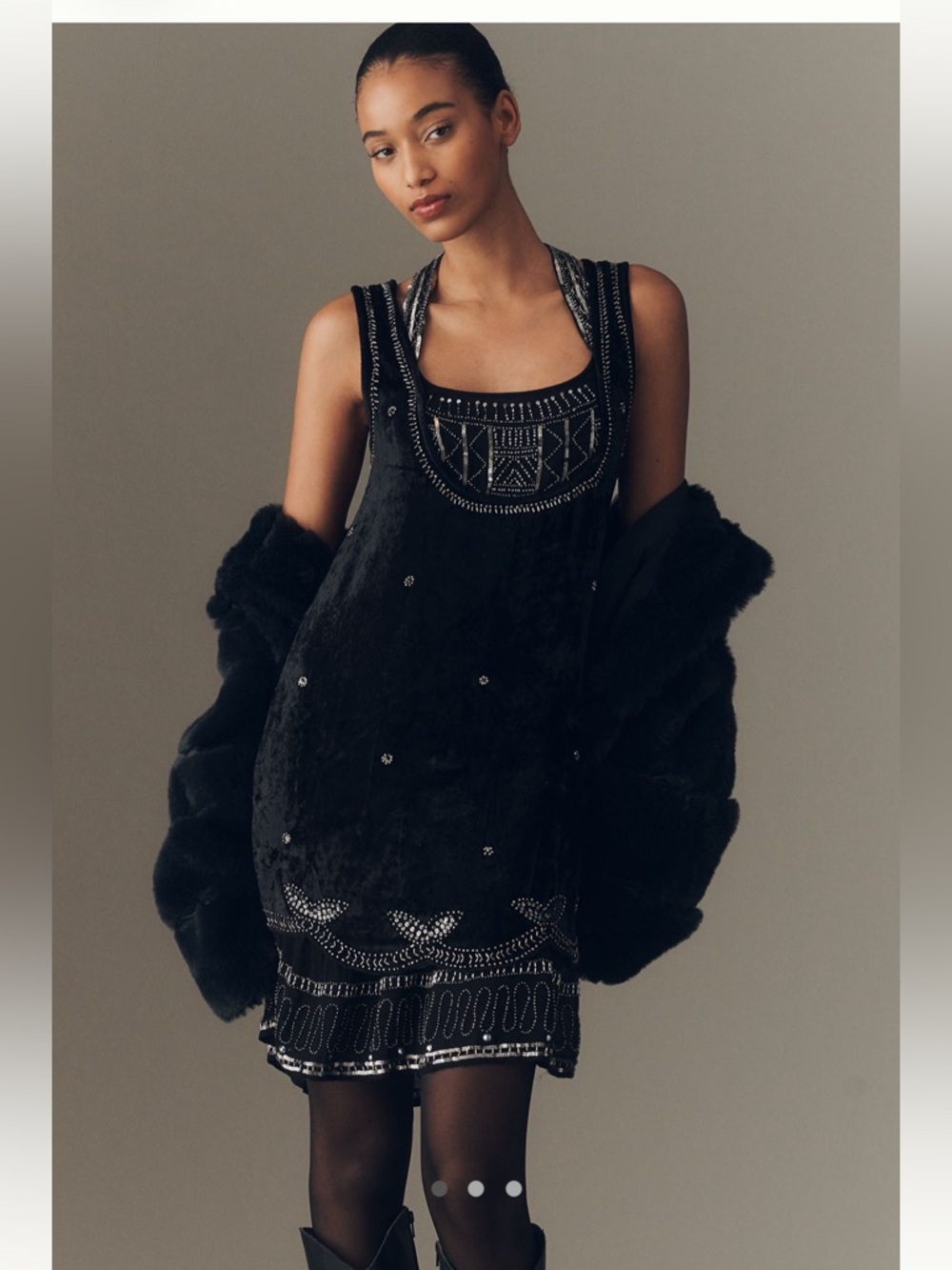 NWT Anthropologie Black Beaded Velvet Mini Dress-SP
